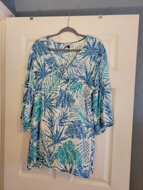 J Valdi Lightweight White & Blue Palm-Print Tunic Top Size Large Tropical Print